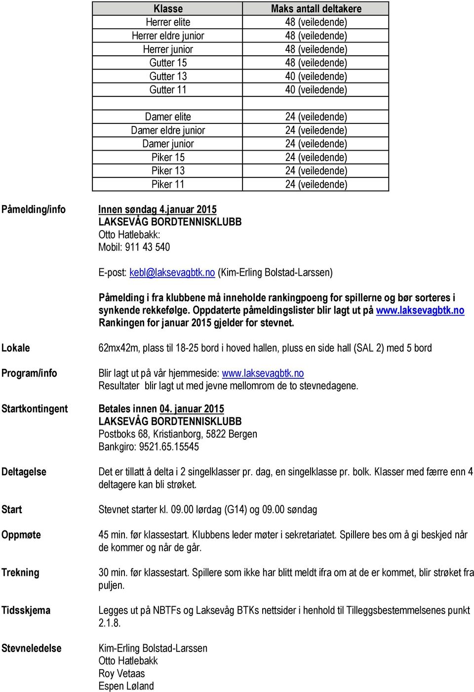 no (Kim-Erling Bolstad-Larssen) Påmelding i fra klubbene må inneholde rankingpoeng for spillerne og bør sorteres i synkende rekkefølge. Oppdaterte påmeldingslister blir lagt ut på www.laksevagbtk.