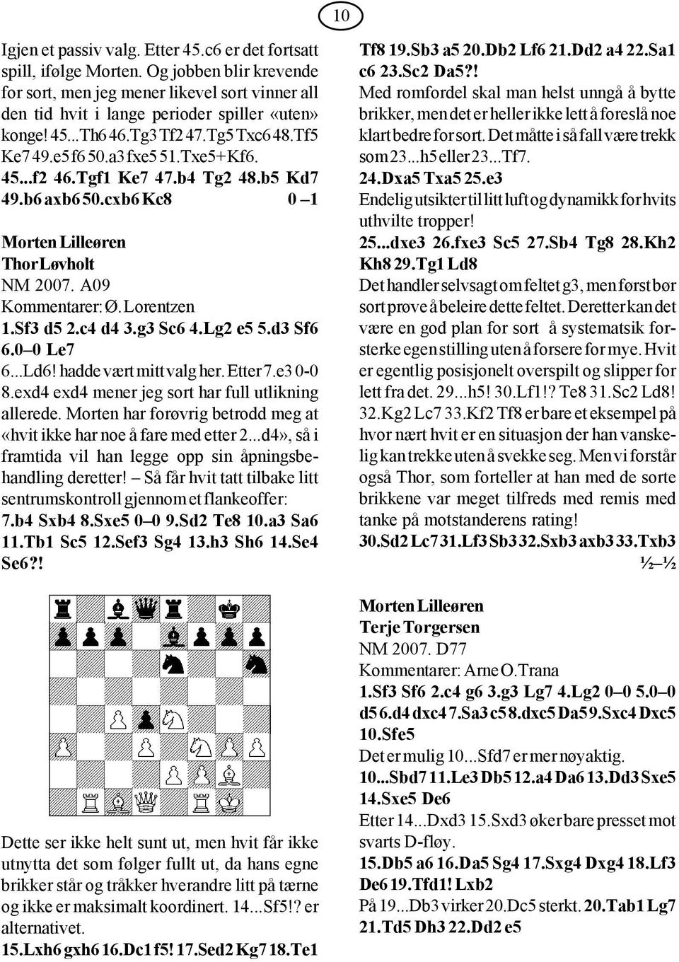 A09 Kommentarer: Ø. Lorentzen 1.Sf3 d5 2.c4 d4 3.g3 Sc6 4.Lg2 e5 5.d3 Sf6 6.0 0 Le7 6...Ld6! hadde vært mitt valg her. Etter 7.e3 0-0 8.exd4 exd4 mener jeg sort har full utlikning allerede.