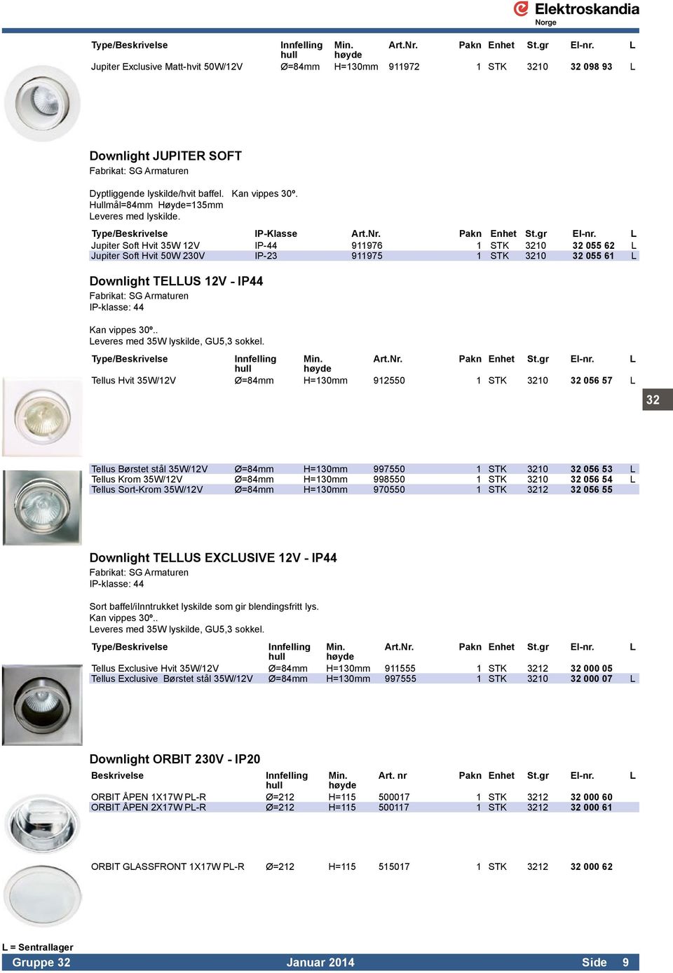 Hullmål=84mm Høyde=135mm Leveres med lyskilde. Type/Beskrivelse IP-Klasse Art.Nr. Pakn Enhet St.gr El-nr.