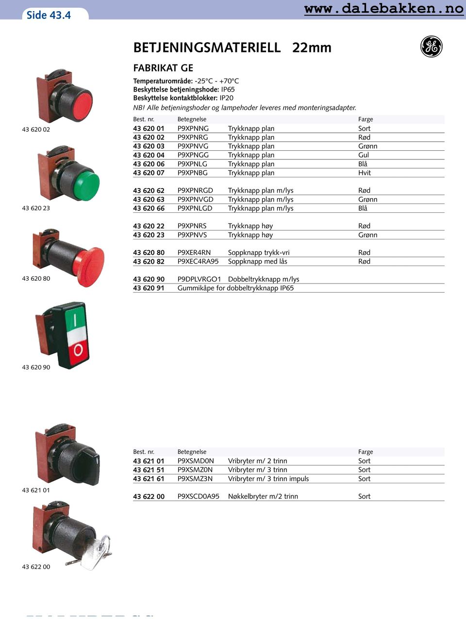 Farge 43 620 01 P9XPNNG Trykknapp plan Sort 43 620 02 P9XPNRG Trykknapp plan Rød 43 620 03 P9XPNVG Trykknapp plan Grønn 43 620 04 P9XPNGG Trykknapp plan Gul 43 620 06 P9XPNLG Trykknapp plan Blå 43