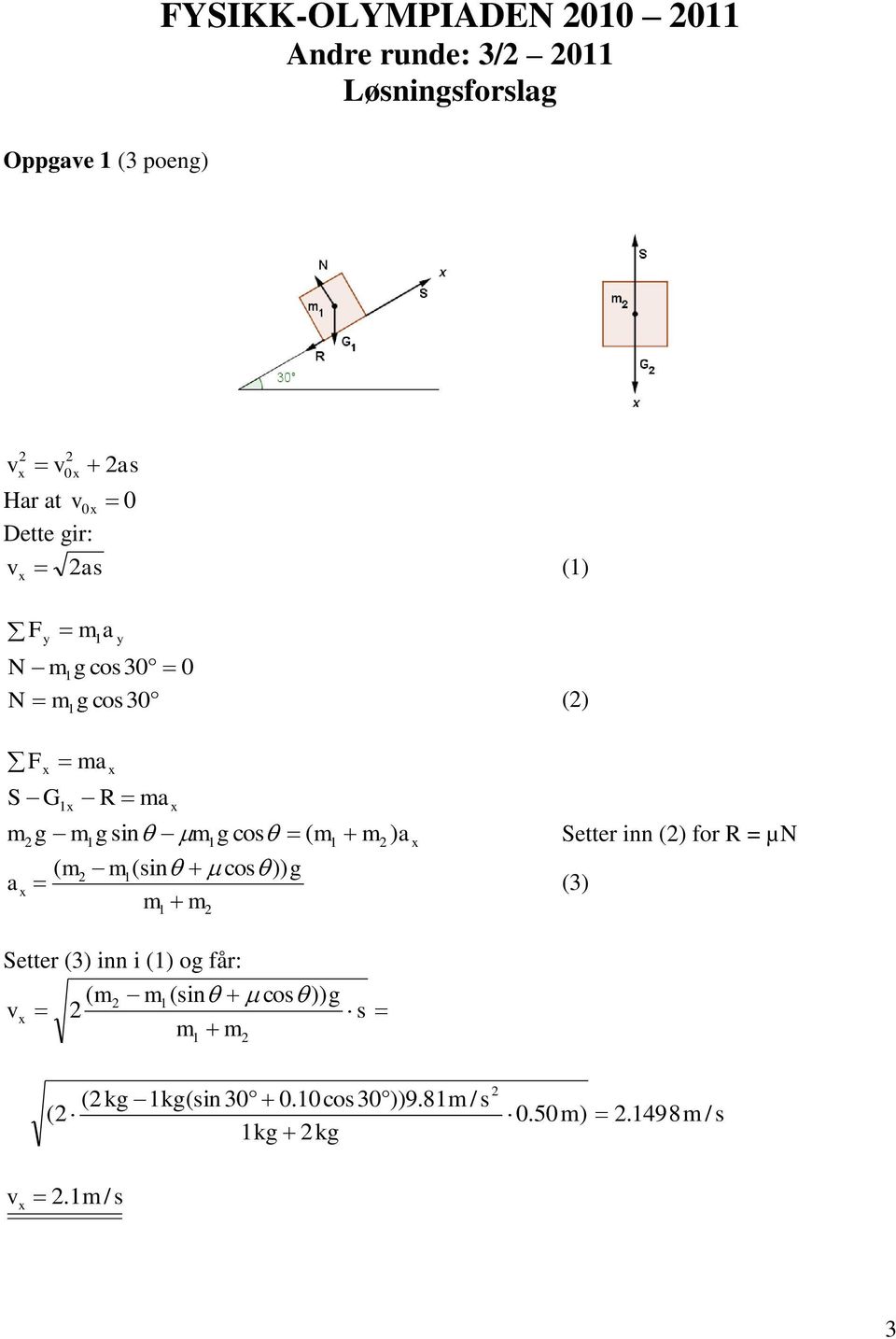 m ) a x Setter inn () for R = µn ( m m (sin cos )) g a x m m (3) Setter (3) inn i () og får: