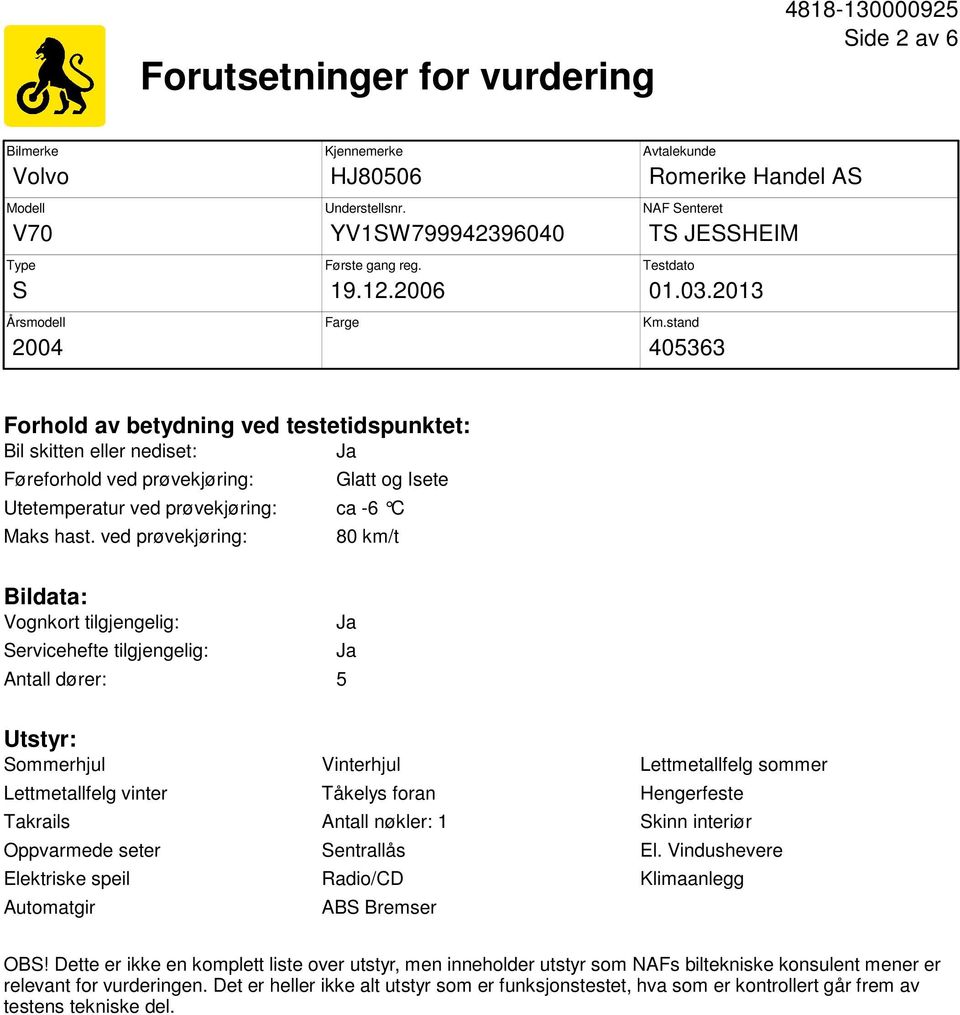 stand 405363 Forhold av betydning ved testetidspunktet: Bil skitten eller nediset: Ja Føreforhold ved prøvekjøring: Glatt og Isete Utetemperatur ved prøvekjøring: ca -6 C Maks hast.