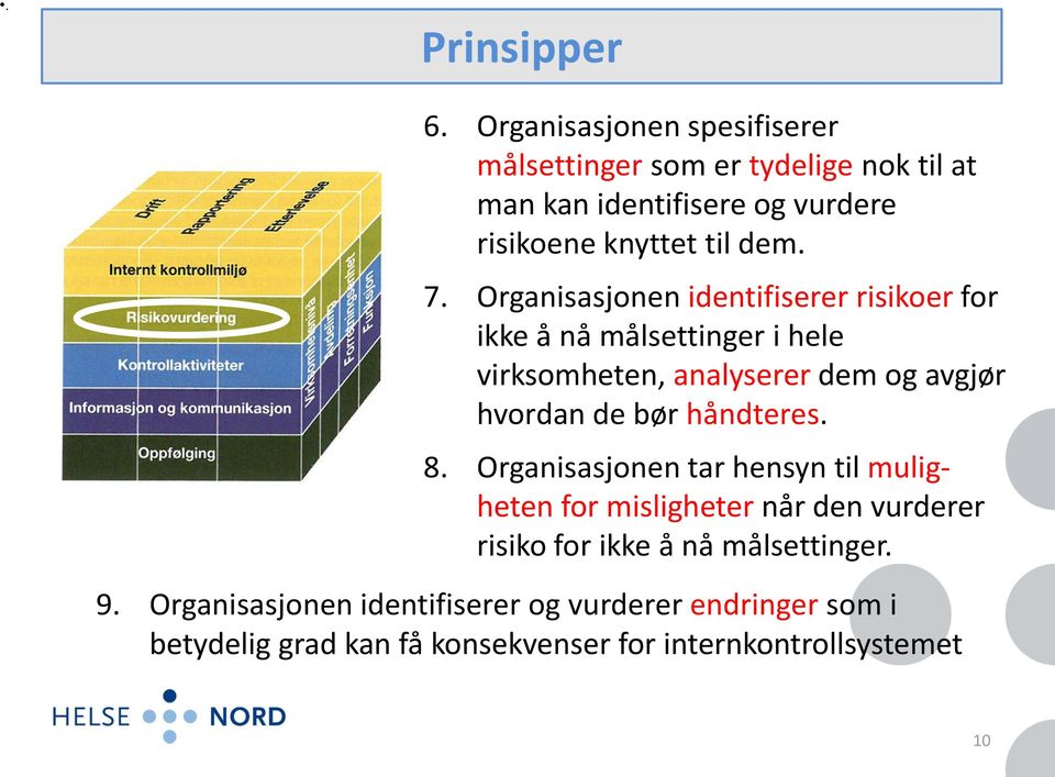 Organisasjonen identifiserer risikoer for ikke å nå målsettinger i hele virksomheten, analyserer dem og avgjør hvordan de bør