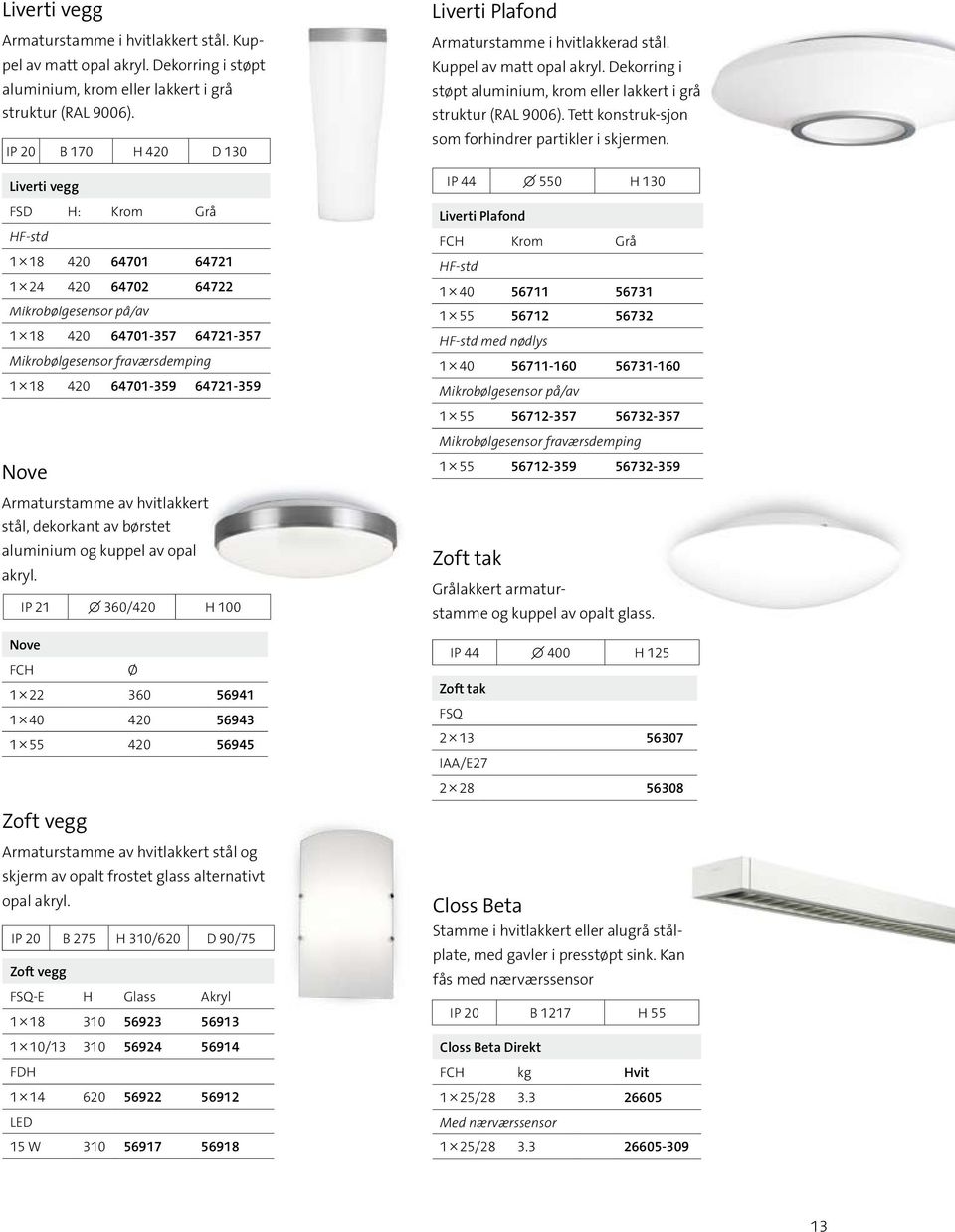 64701-359 64721-359 Nove Armaturstamme av hvitlakkert stål, dekorkant av børstet aluminium og kuppel av opal akryl.