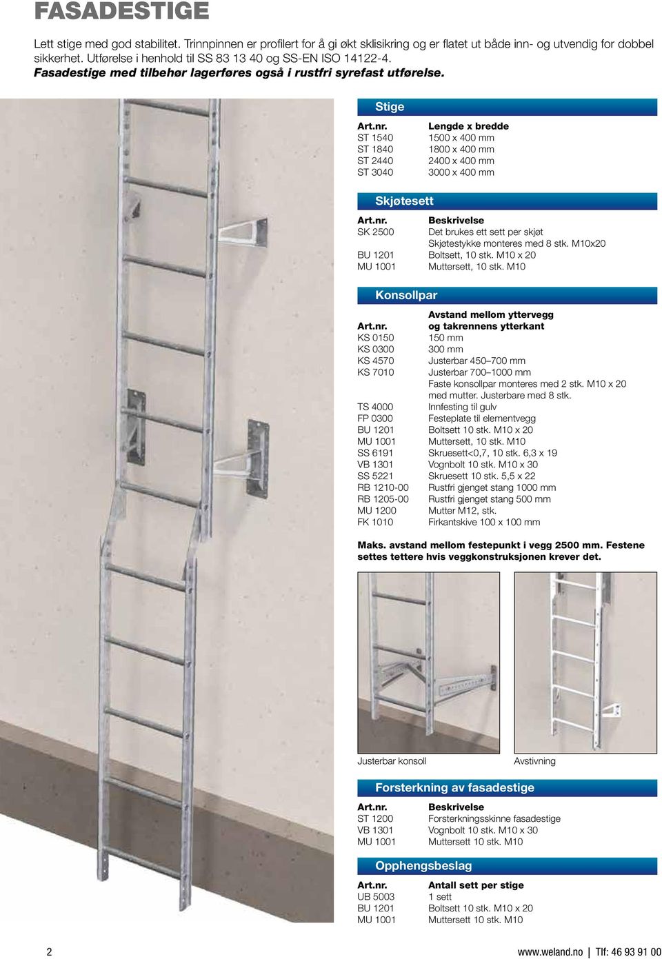 Stige ST 1540 ST 1840 ST 2440 ST 3040 Lengde x bredde 1500 x 400 mm 1800 x 400 mm 2400 x 400 mm 3000 x 400 mm Skjøtesett SK 2500 Det brukes ett sett per skjøt Skjøtestykke monteres med 8 stk.