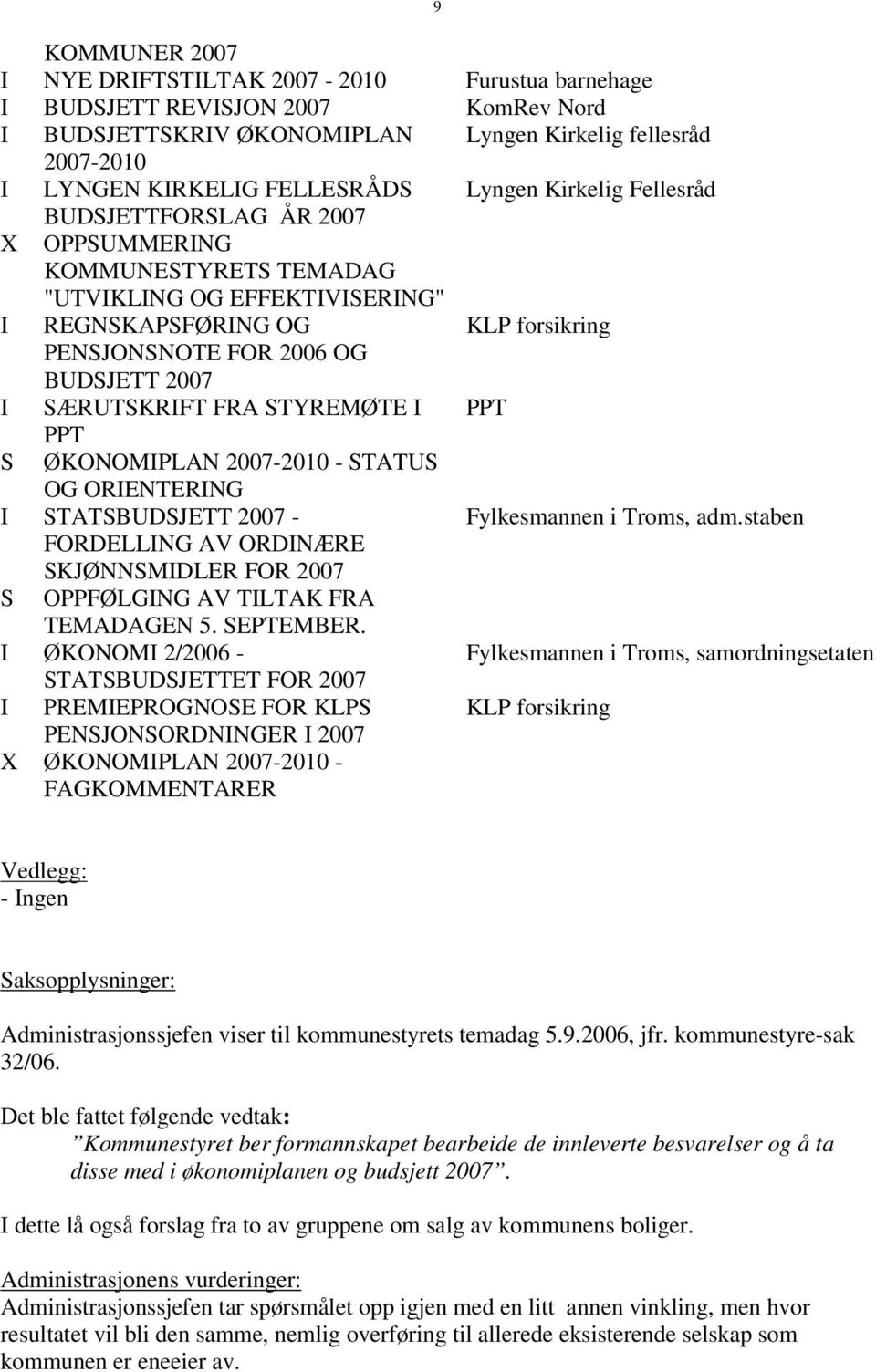 SÆRUTSKRIFT FRA STYREMØTE I PPT S PPT ØKONOMIPLAN 2007-2010 - STATUS OG ORIENTERING I STATSBUDSJETT 2007 - FORDELLING AV ORDINÆRE SKJØNNSMIDLER FOR 2007 S OPPFØLGING AV TILTAK FRA TEMADAGEN 5.