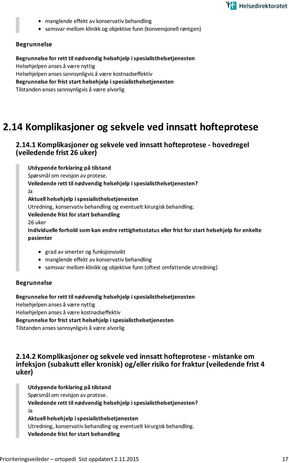 1 Komplikasjoner og sekvele ved innsatt hofteprotese - hovedregel (veiledende frist ) Spørsmål om revisjon av protese.