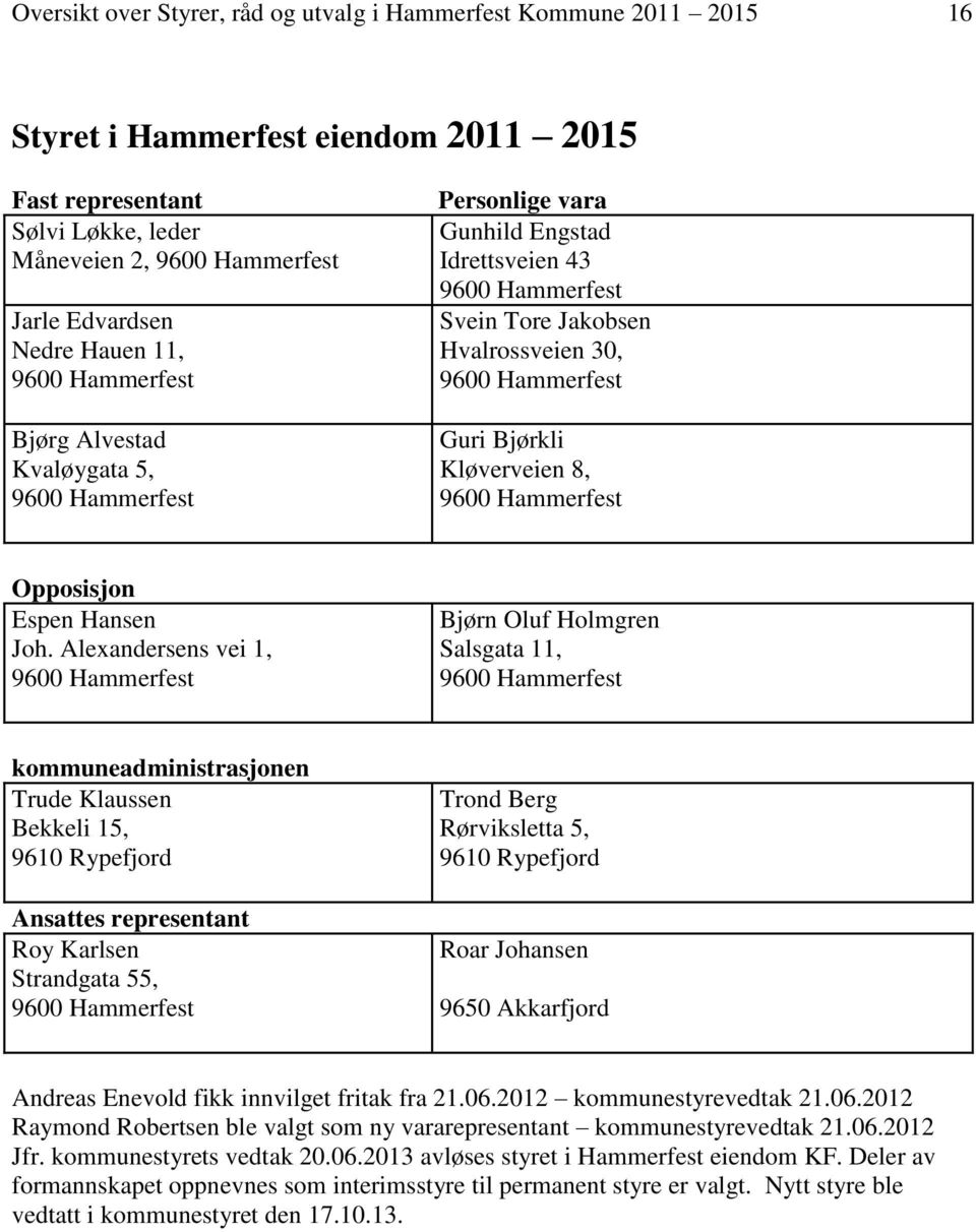 Alexandersens vei 1, Bjørn Oluf Holmgren Salsgata 11, kommuneadministrasjonen Trude Klaussen Bekkeli 15, 9610 Rypefjord Ansattes representant Roy Karlsen Strandgata 55, Trond Berg Rørviksletta 5,