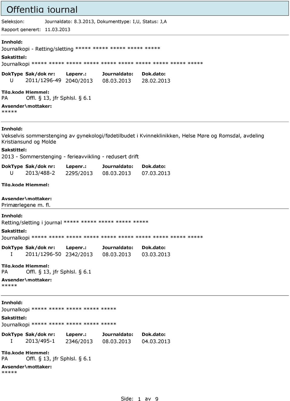 2013 Vekselvis sommerstenging av gynekologi/fødetilbudet i Kvinneklinikken, Helse Møre og Romsdal, avdeling Kristiansund og Molde 2013 - Sommerstenging -