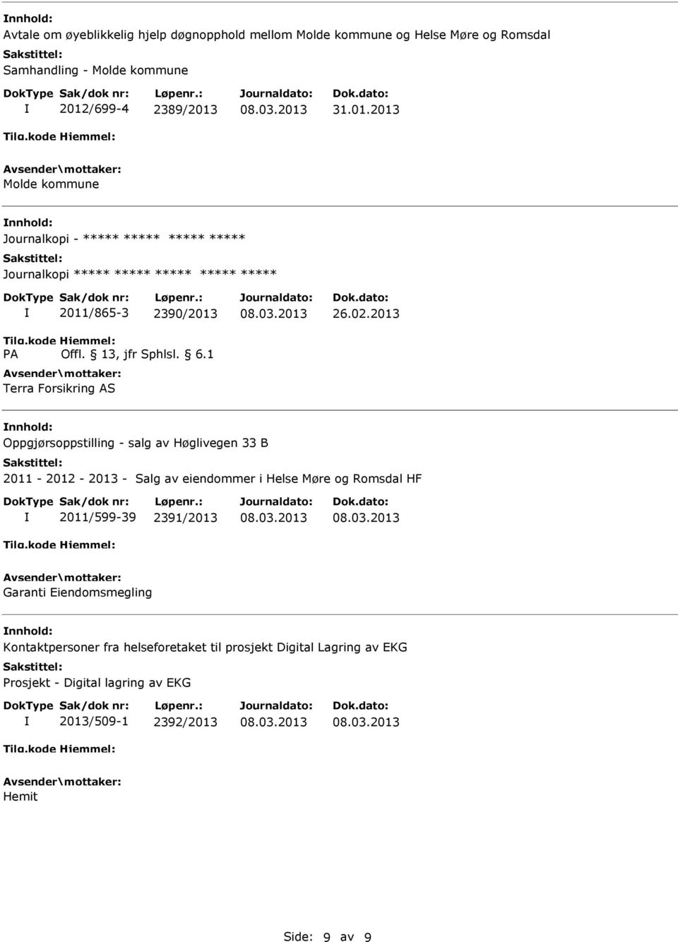 2013 Oppgjørsoppstilling - salg av Høglivegen 33 B 2011-2012 - 2013 - Salg av eiendommer i Helse Møre og Romsdal HF 2011/599-39