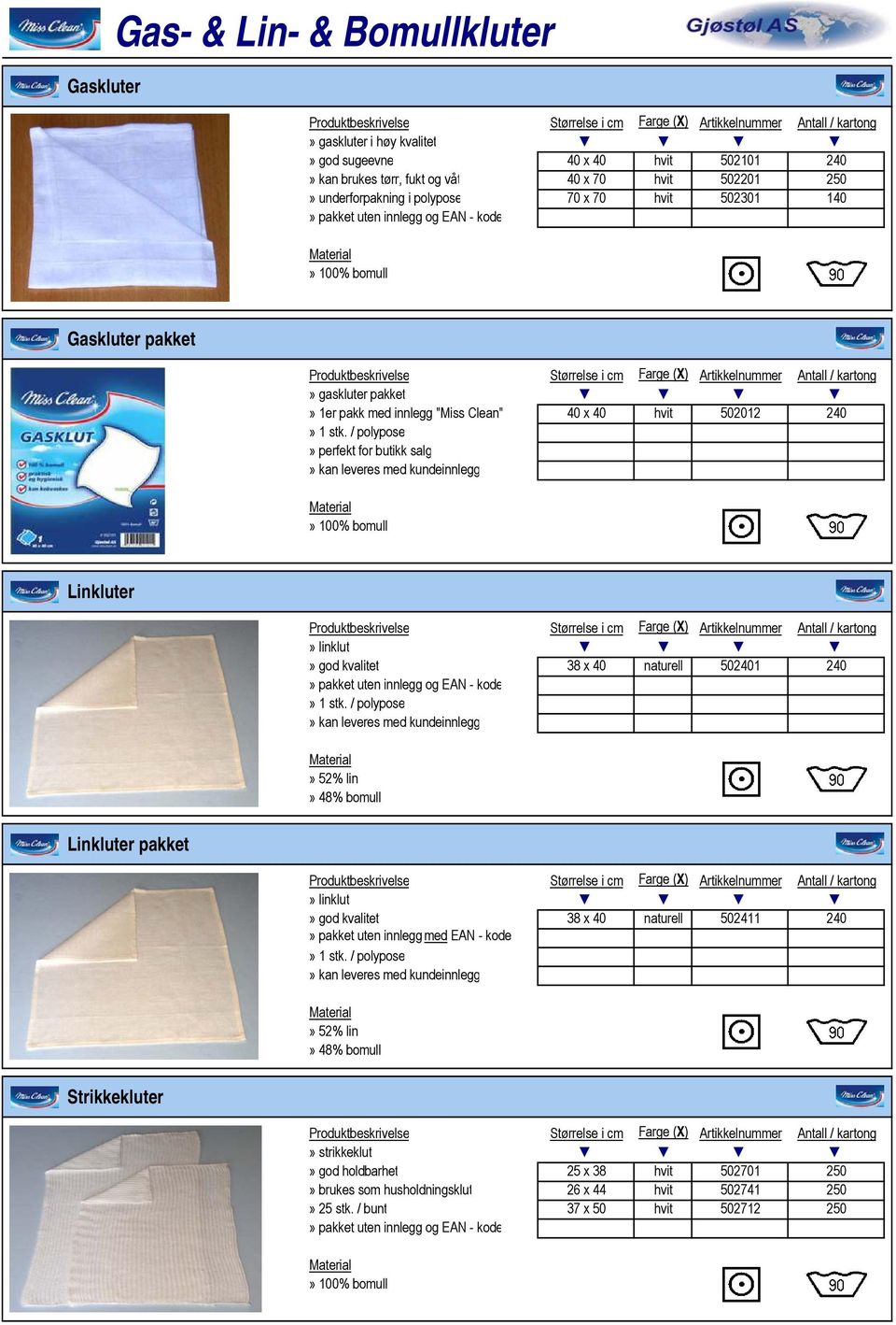 kvalitet 38 x 40 naturell 502401 240» kan leveres med kundeinnlegg» 52% lin» 48% bomull Linkluter pakket» linklut» god kvalitet 38 x 40 naturell 502411 240» pakket uten innlegg med EAN -