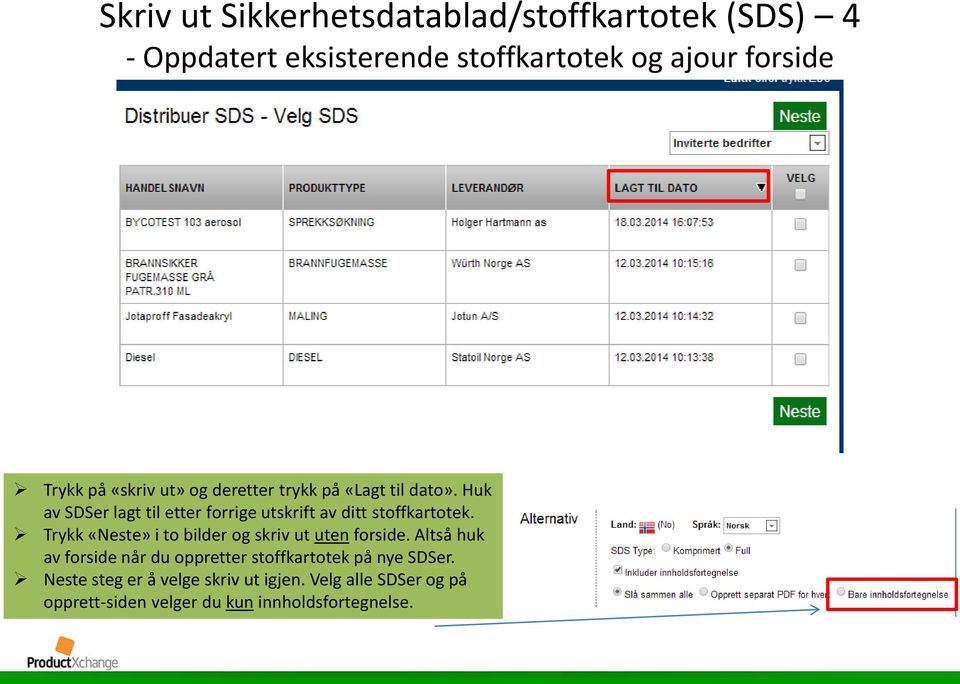 Huk av SDSer lagt til etter forrige utskrift av ditt stoffkartotek.