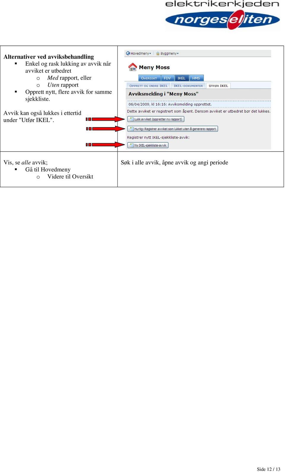 sjekkliste. Avvik kan også lukkes i ettertid under "Utfør IKEL".