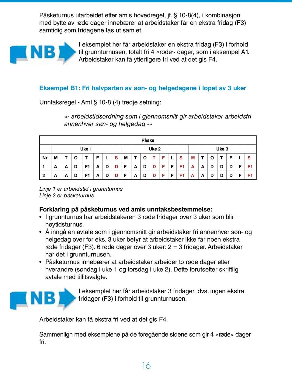 Eksempel B1: Fri halvparten av søn- og helgedagene i løpet av 3 uker Unntaksregel - Aml 10-8 (4) tredje setning: «- arbeidstidsordning som i gjennomsnitt gir arbeidstaker arbeidsfri annenhver søn- og