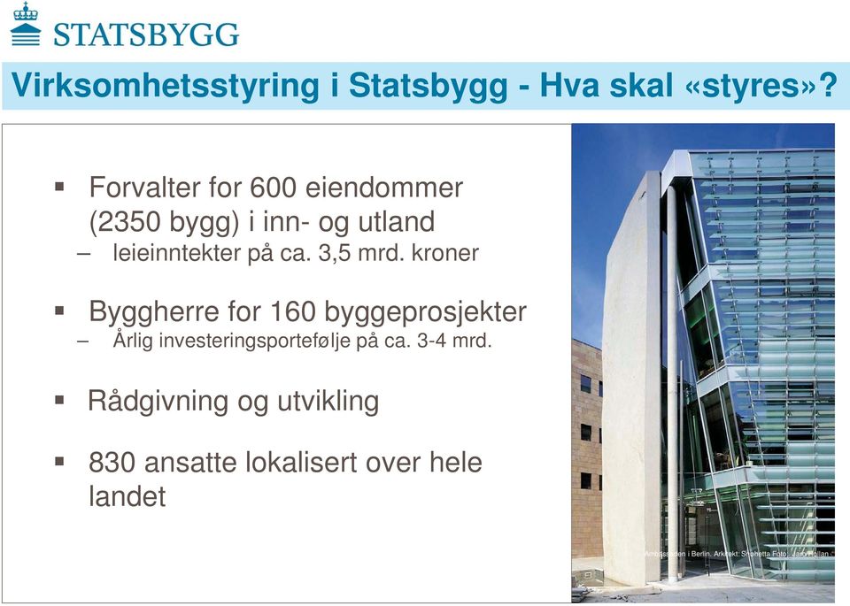 kroner Byggherre for 160 byggeprosjekter Årlig investeringsportefølje på ca. 3-4 mrd.