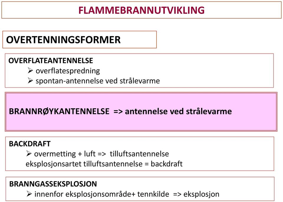 strålevarme BACKDRAFT overmetting + luft => tilluftsantennelse eksplosjonsartet