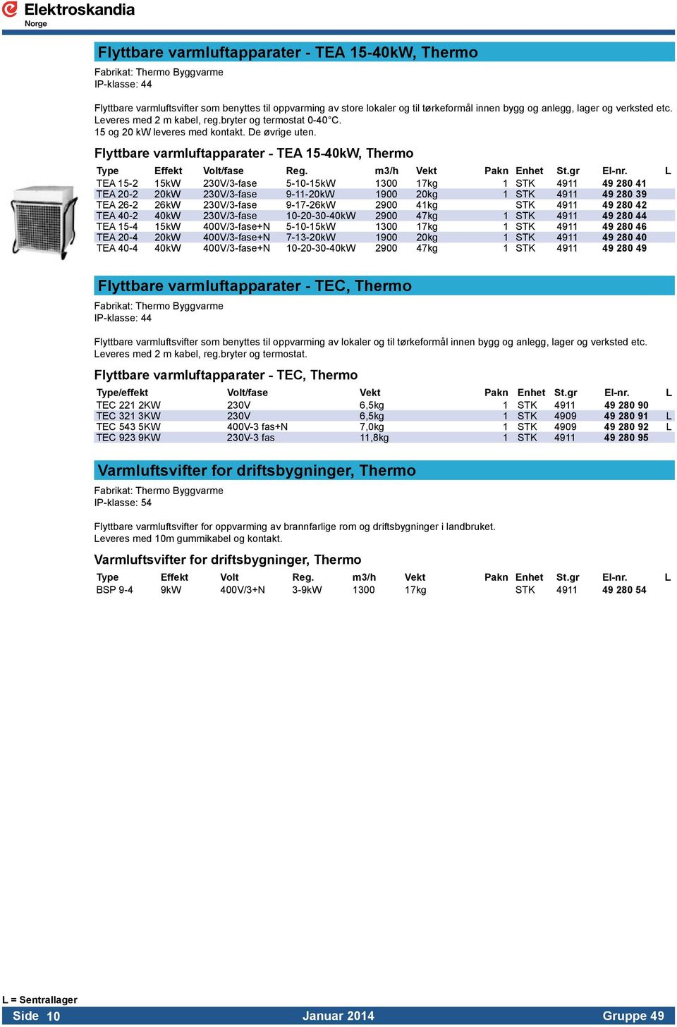 Flyttbare varmluftapparater - TEA 15-40kW, Thermo Type Effekt Volt/fase Reg. m3/h Vekt Pakn Enhet St.gr El-nr.