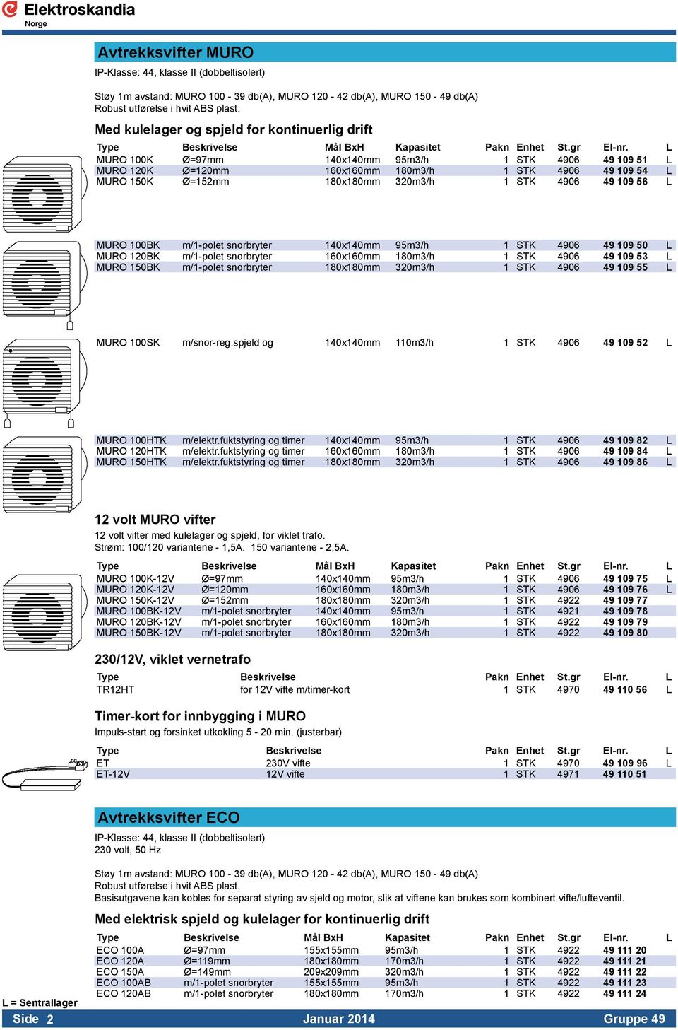 L MURO 100K Ø=97mm 140x140mm 95m3/h 1 STK 4906 49 109 51 L MURO 120K Ø=120mm 160x160mm 180m3/h 1 STK 4906 49 109 54 L MURO 150K Ø=152mm 180x180mm 320m3/h 1 STK 4906 49 109 56 L MURO 100BK m/1-polet