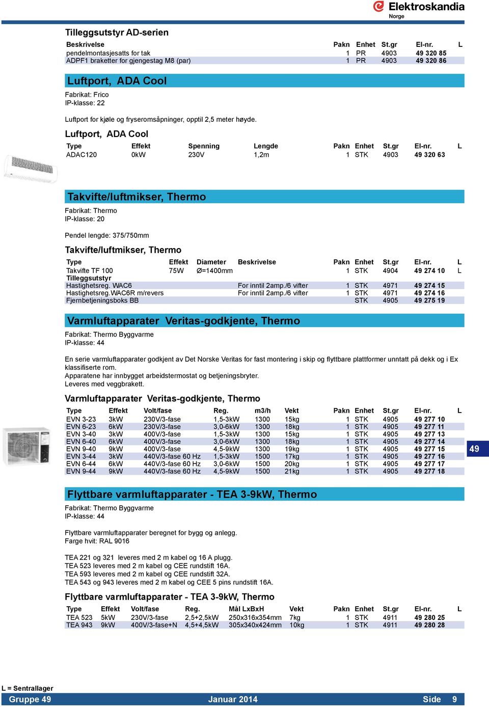 meter høyde. Luftport, ADA Cool Type Effekt Spenning Lengde Pakn Enhet St.gr El-nr.