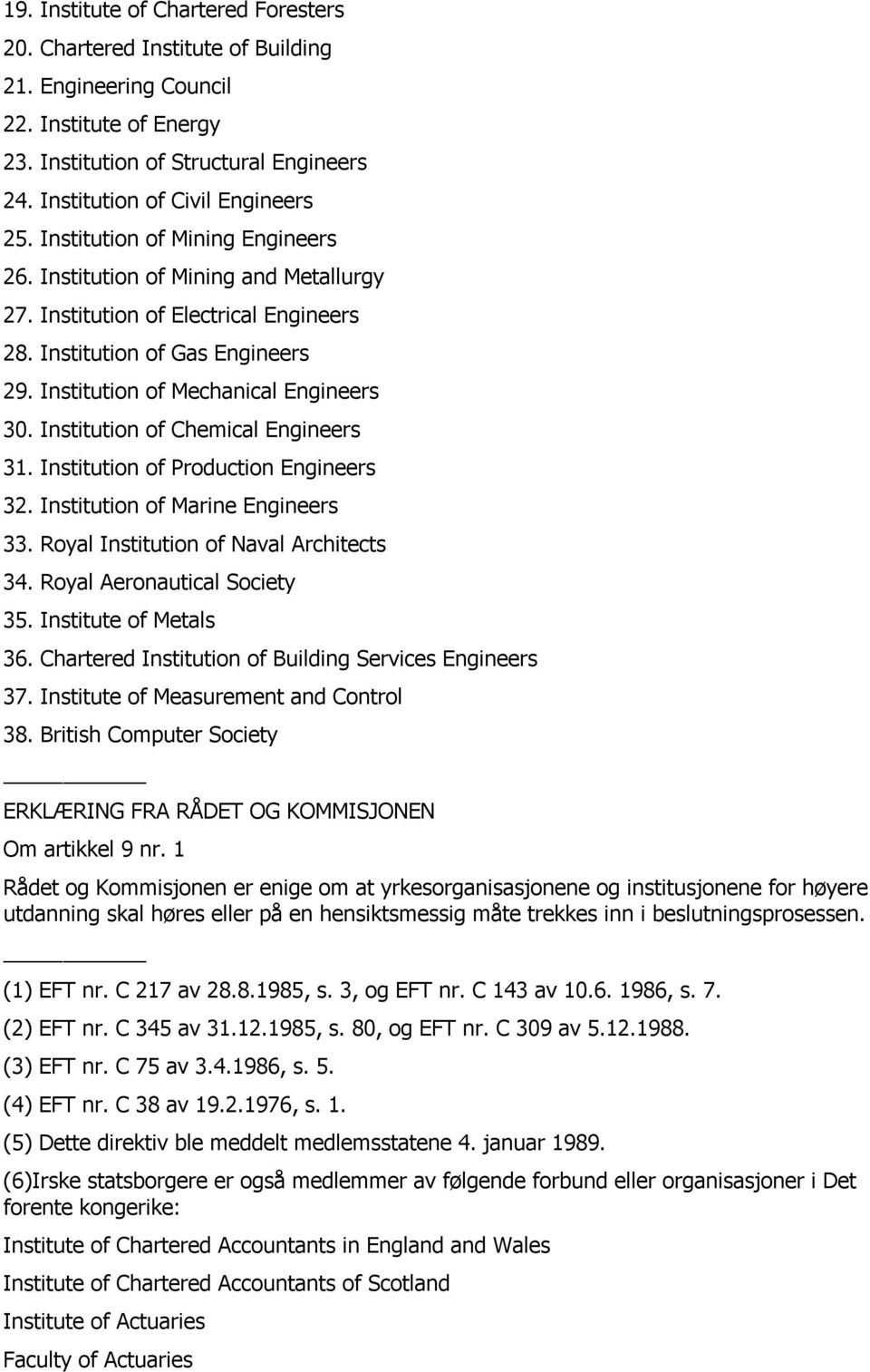 Institution of Chemical Engineers 31. Institution of Production Engineers 32. Institution of Marine Engineers 33. Royal Institution of Naval Architects 34. Royal Aeronautical Society 35.