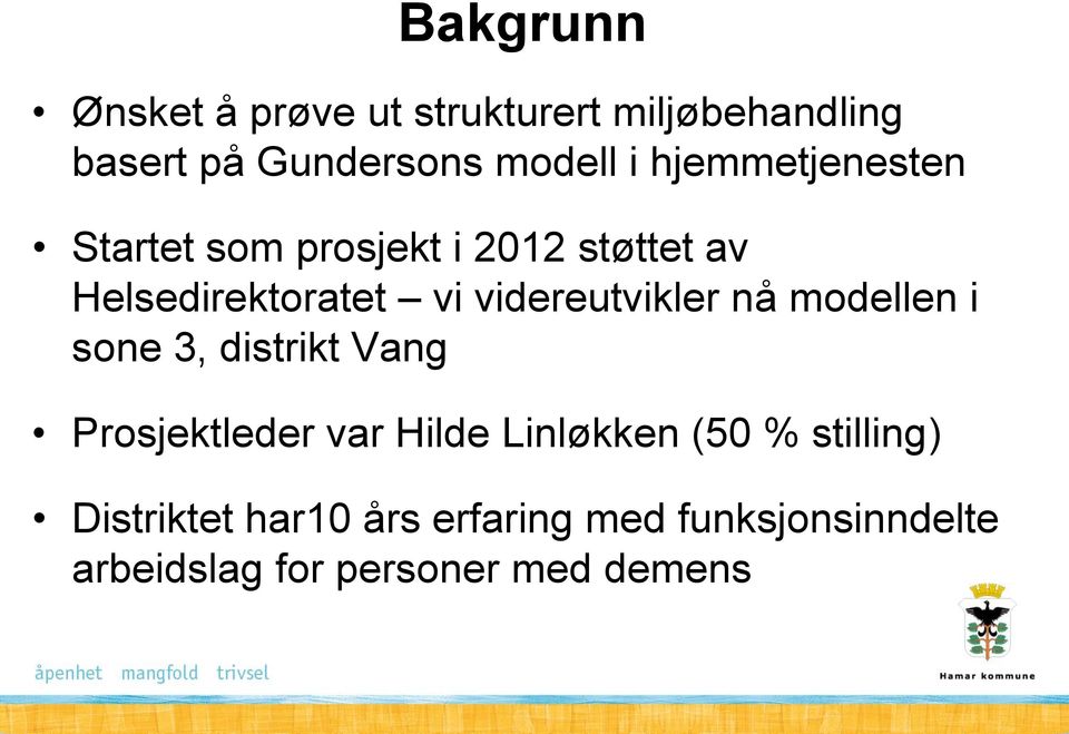 videreutvikler nå modellen i sone 3, distrikt Vang Prosjektleder var Hilde Linløkken