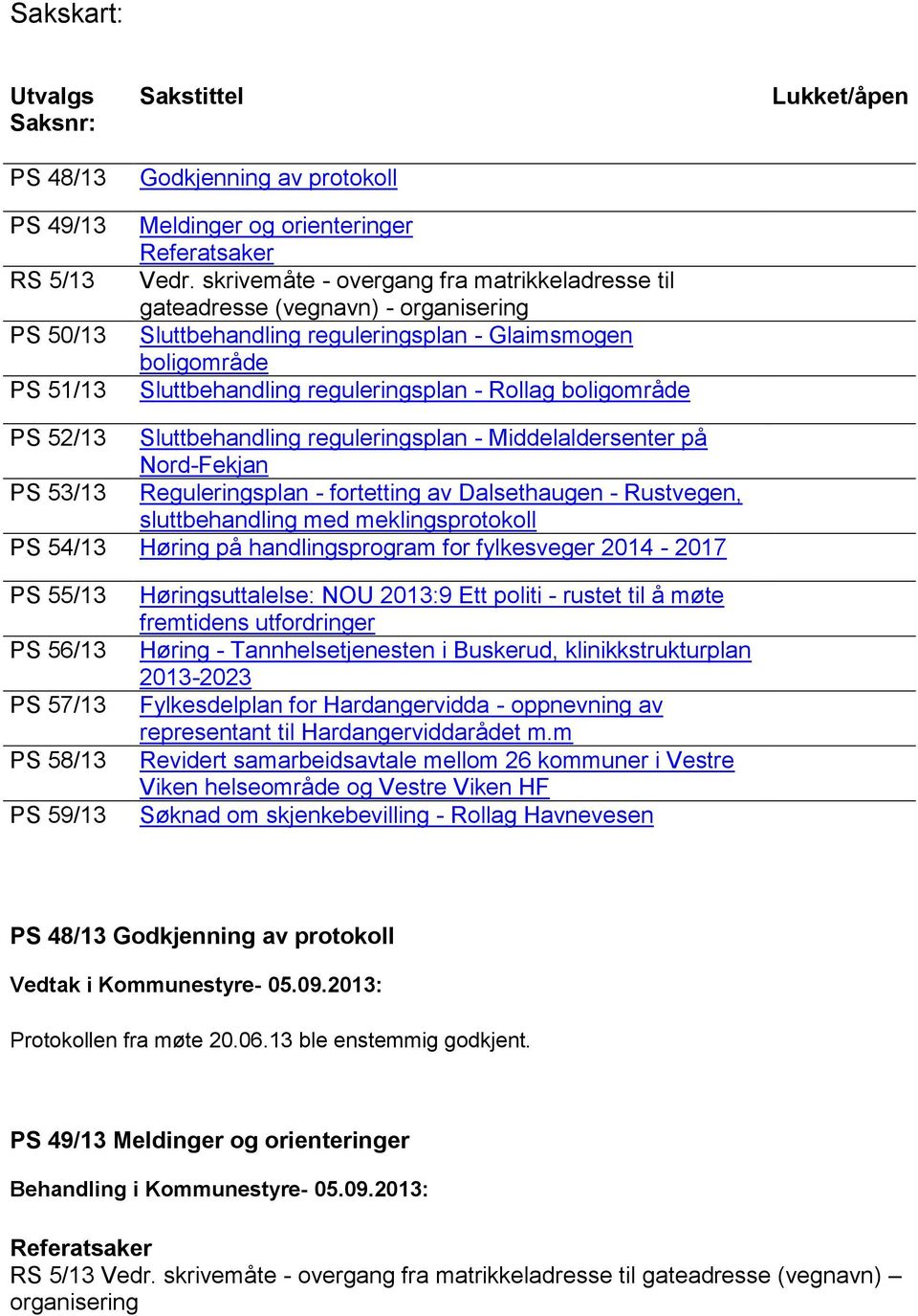 Lukket/åpen PS 52/13 Sluttbehandling reguleringsplan - Middelaldersenter på Nord-Fekjan PS 53/13 Reguleringsplan - fortetting av Dalsethaugen - Rustvegen, sluttbehandling med meklingsprotokoll PS