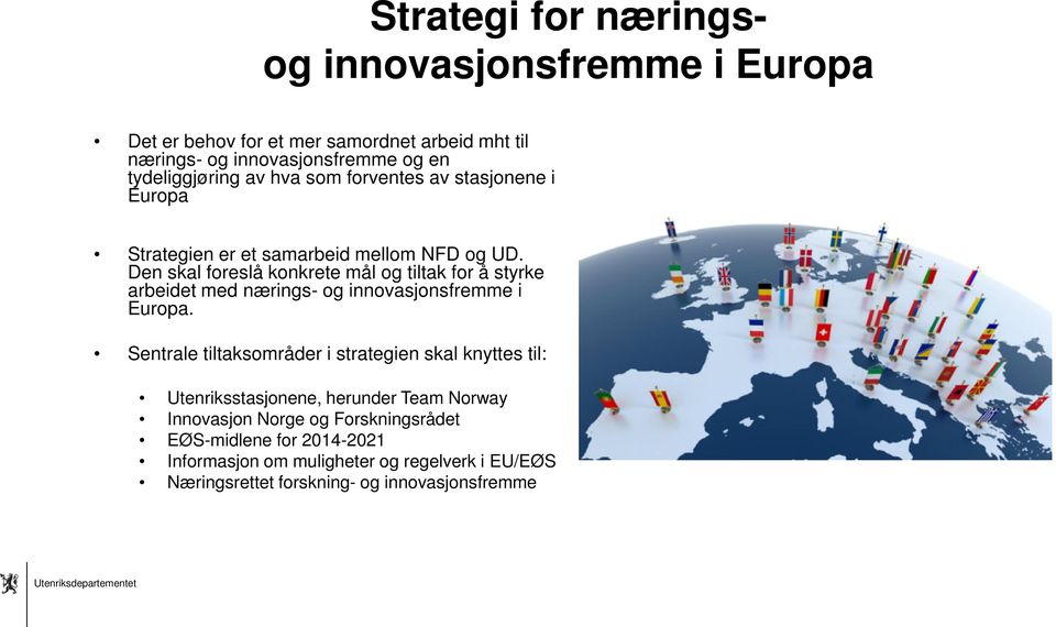 Den skal foreslå konkrete mål og tiltak for å styrke arbeidet med nærings- og innovasjonsfremme i Europa.