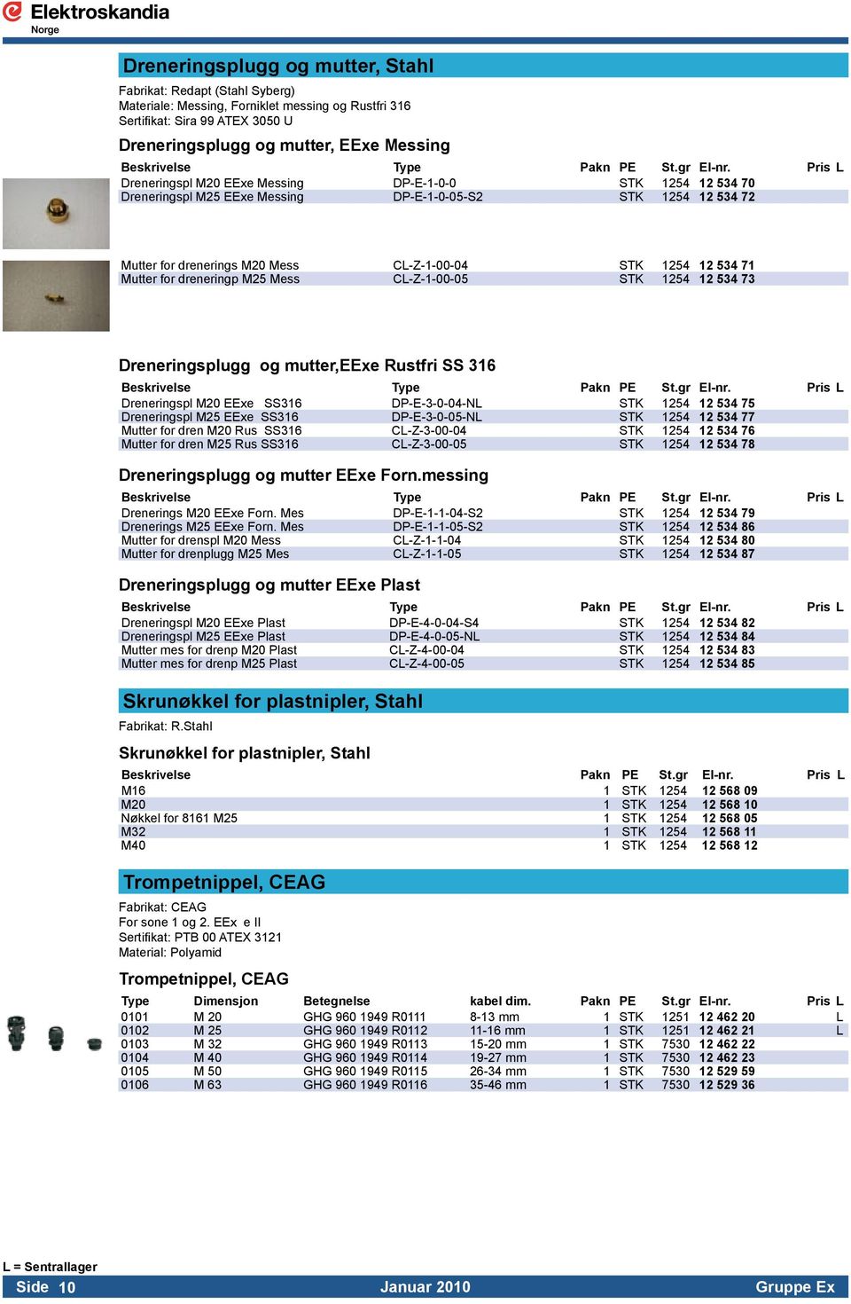 Pris L Dreneringspl M20 EExe Messing DP-E-1-0-0 STK 1254 12 534 70 Dreneringspl M25 EExe Messing DP-E-1-0-05-S2 STK 1254 12 534 72 Mutter for drenerings M20 Mess CL-Z-1-00-04 STK 1254 12 534 71