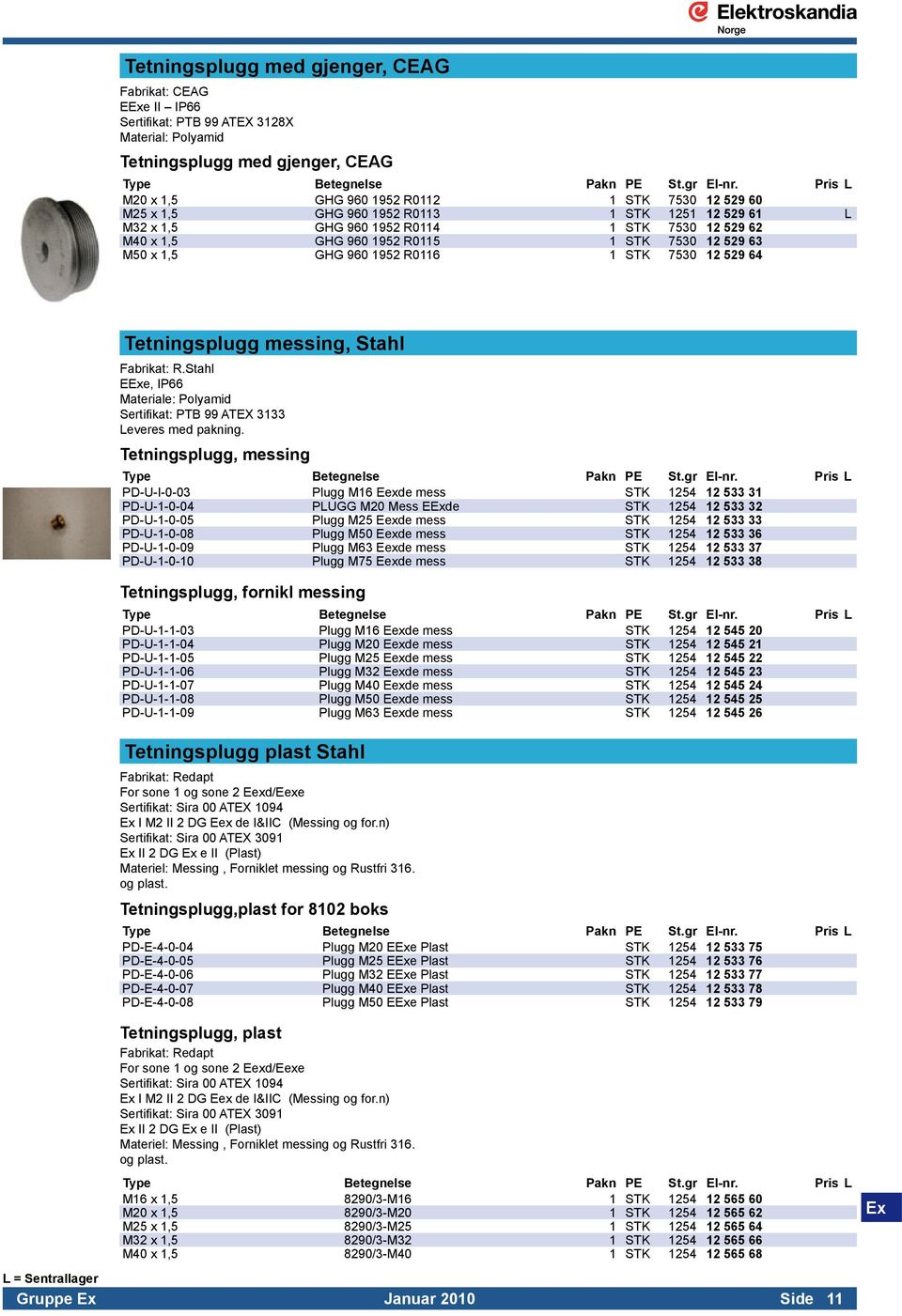 12 529 63 M50 x 1,5 GHG 960 1952 R0116 1 STK 7530 12 529 64 Tetningsplugg messing, Stahl Fabrikat: R.Stahl. EExe, IP66. Materiale: Polyamid. Sertifikat: PTB 99 ATEX 3133. Leveres med pakning.