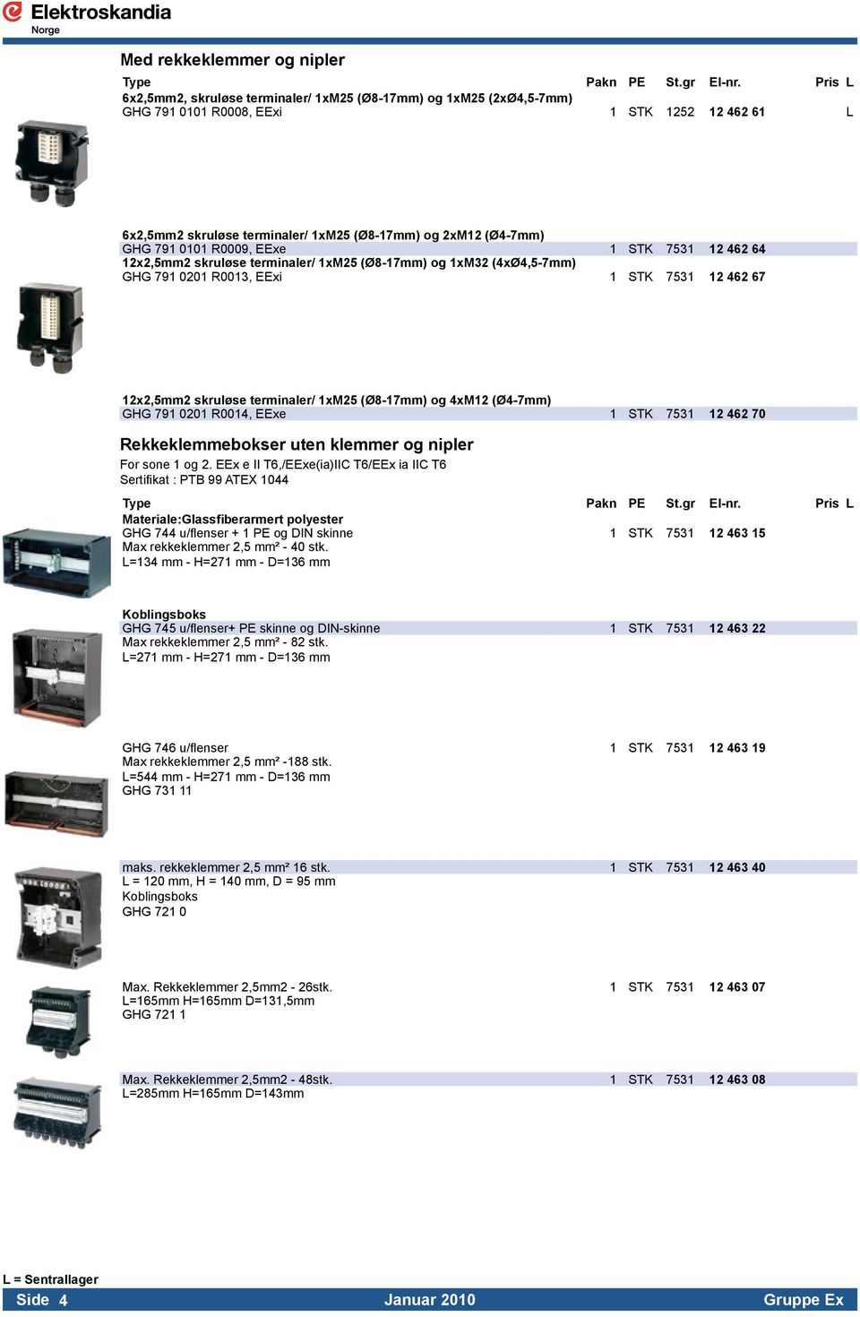 0101 R0009, EExe 1 STK 7531 12 462 64 12x2,5mm2 skruløse terminaler/ 1xM25 (Ø8-17mm) og 1xM32 (4xØ4,5-7mm) GHG 791 0201 R0013, EExi 1 STK 7531 12 462 67 12x2,5mm2 skruløse terminaler/ 1xM25 (Ø8-17mm)