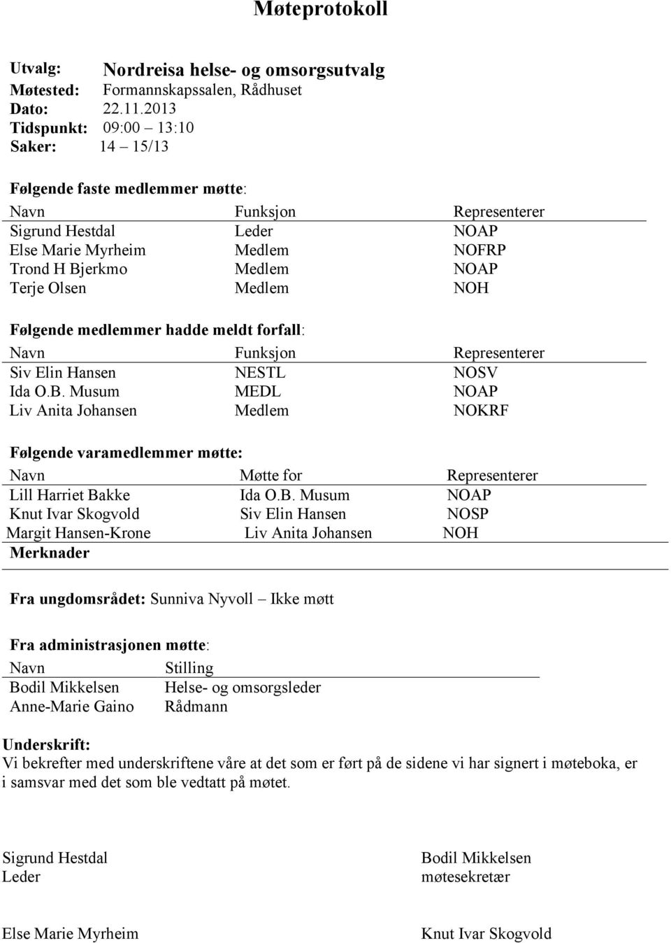 Olsen Medlem NOH Følgende medlemmer hadde meldt forfall: Navn Funksjon Representerer Siv Elin Hansen NESTL NOSV Ida O.B.