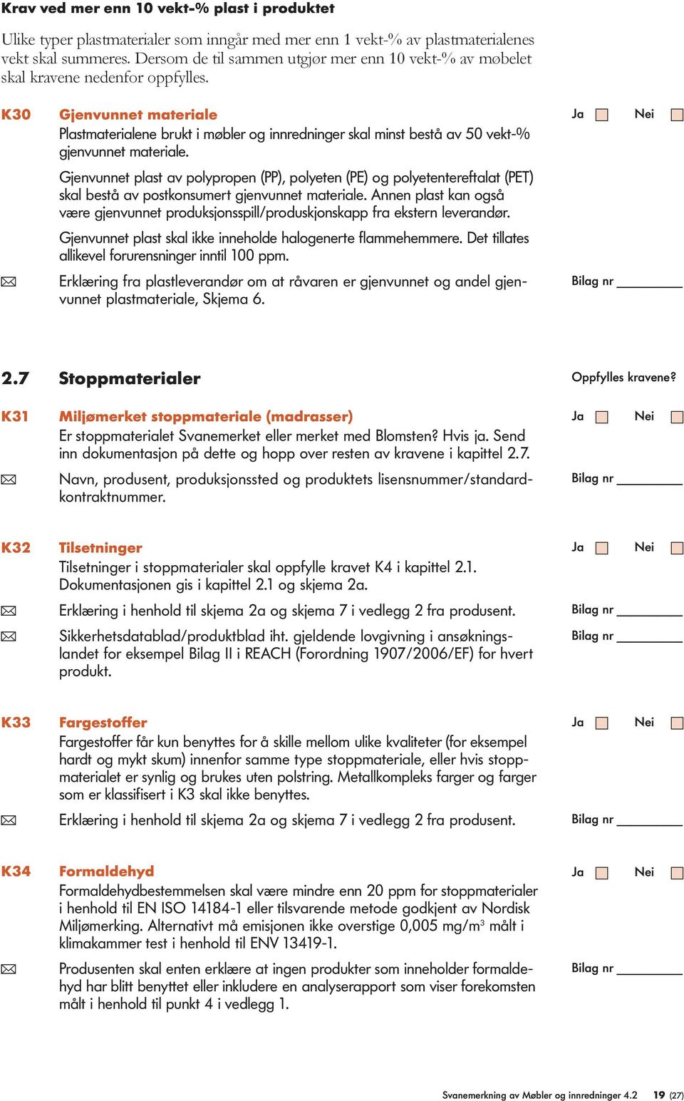 K30 Gjenvunnet materiale Plastmaterialene brukt i møbler og innredninger skal minst bestå av 50 vekt-% gjenvunnet materiale.