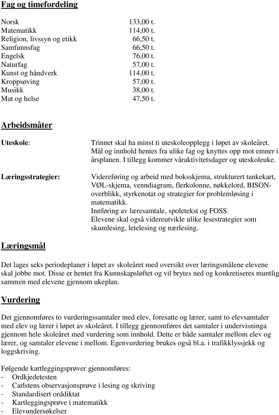 Mål og innhold hentes fra ulike fag og knyttes opp mot emner i årsplanen. I tillegg kommer våraktivitetsdager og uteskoleuke.