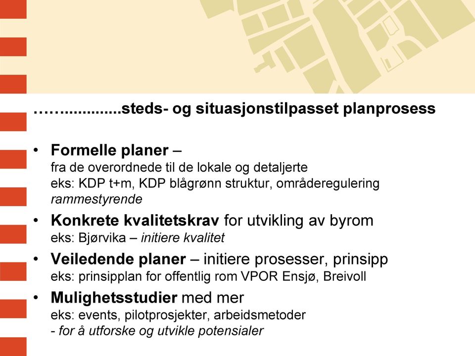 Bjørvika initiere kvalitet Veiledende planer initiere prosesser, prinsipp eks: prinsipplan for offentlig rom VPOR