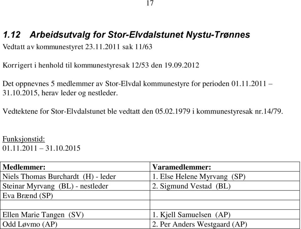 Vedtektene for Stor-Elvdalstunet ble vedtatt den 05.02.1979 i kommunestyresak nr.14/79. 01.11.2011 31.10.