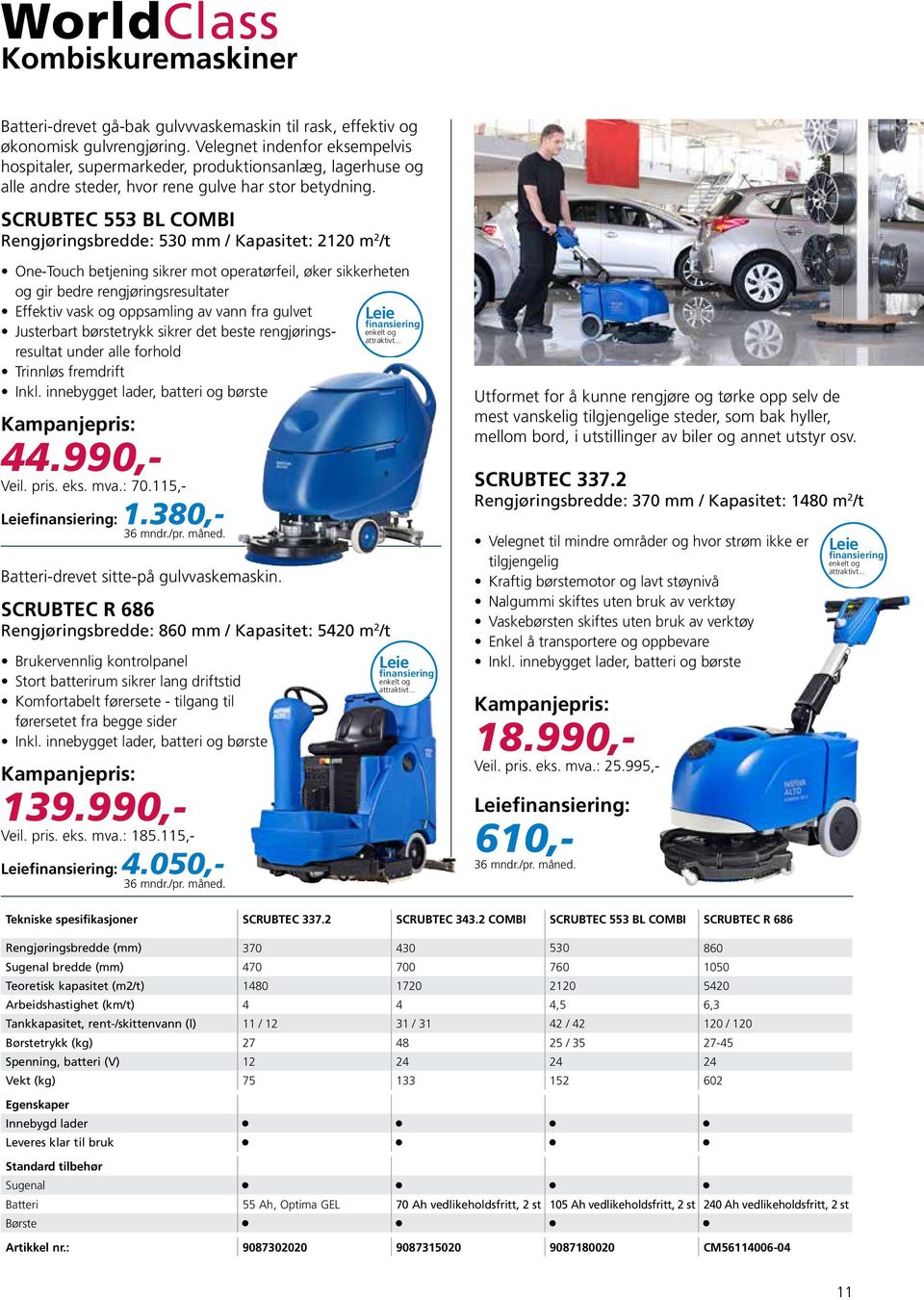 SCRUBTEC 553 BL COMBI Rengjøringsbredde: 530 mm / Kapasitet: 2120 m 2 /t One-Touch betjening sikrer mot operatørfeil, øker sikkerheten og gir bedre rengjøringsresultater Effektiv vask og oppsamling