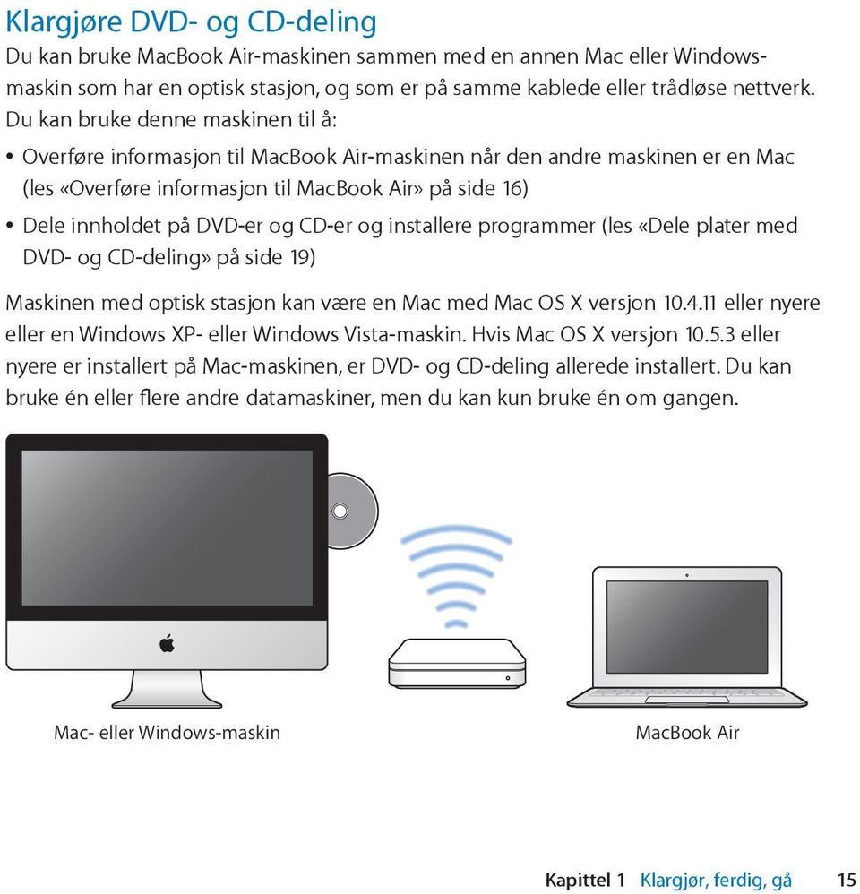 CD-er og installere programmer (les «Dele plater med DVD- og CD-deling» på side 19) Maskinen med optisk stasjon kan være en Mac med Mac OS X versjon 10.4.