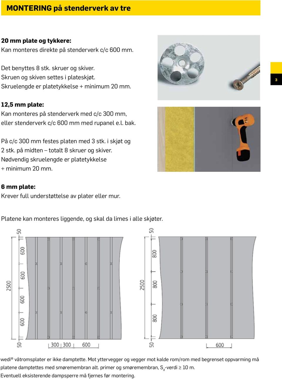 i skjøt og 2 stk. på midten totalt 8 skruer og skiver. Nødvendig skruelengde er platetykkelse + minimum 20 mm. 6 mm plate: Krever full understøttelse av plater eller mur.