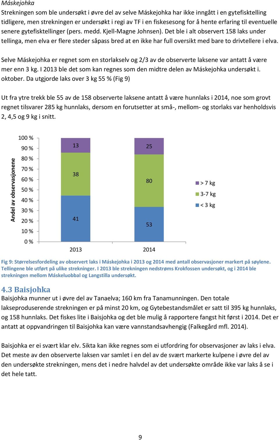 Det ble i alt observert 158 laks under tellinga, men elva er flere steder såpass bred at en ikke har full oversikt med bare to drivtellere i elva.