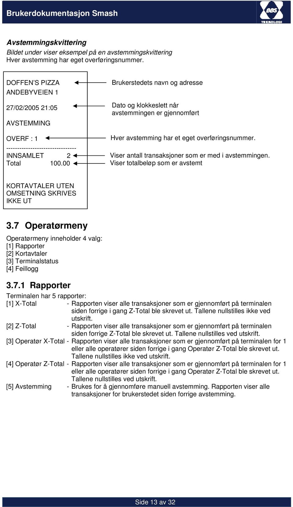 00 Brukerstedets navn og adresse Dato og klokkeslett når avstemmingen er gjennomført Hver avstemming har et eget overføringsnummer. Viser antall transaksjoner som er med i avstemmingen.