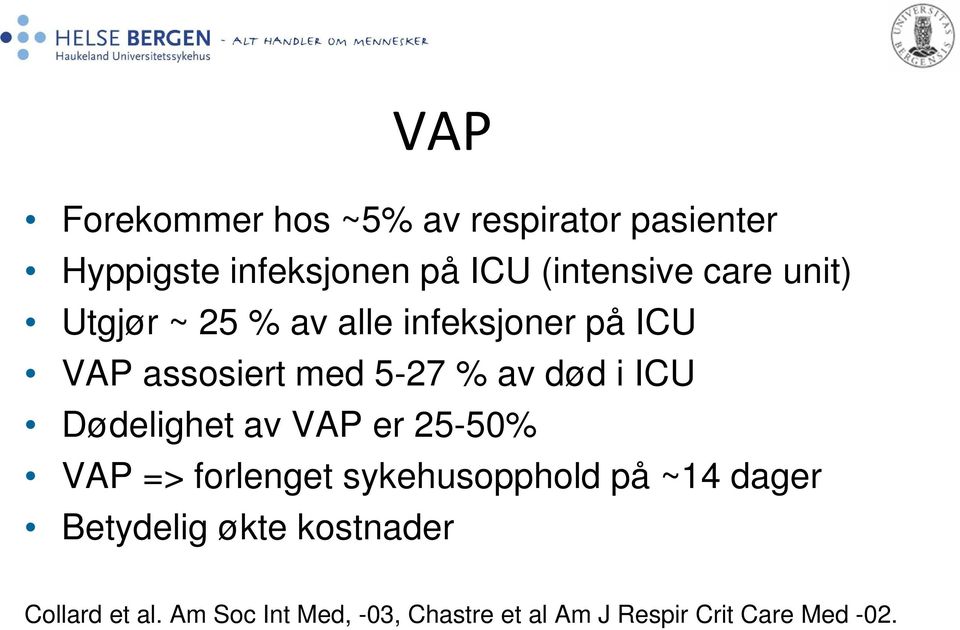 ICU Dødelighet av VAP er 25-50% VAP => forlenget sykehusopphold på ~14 dager Betydelig