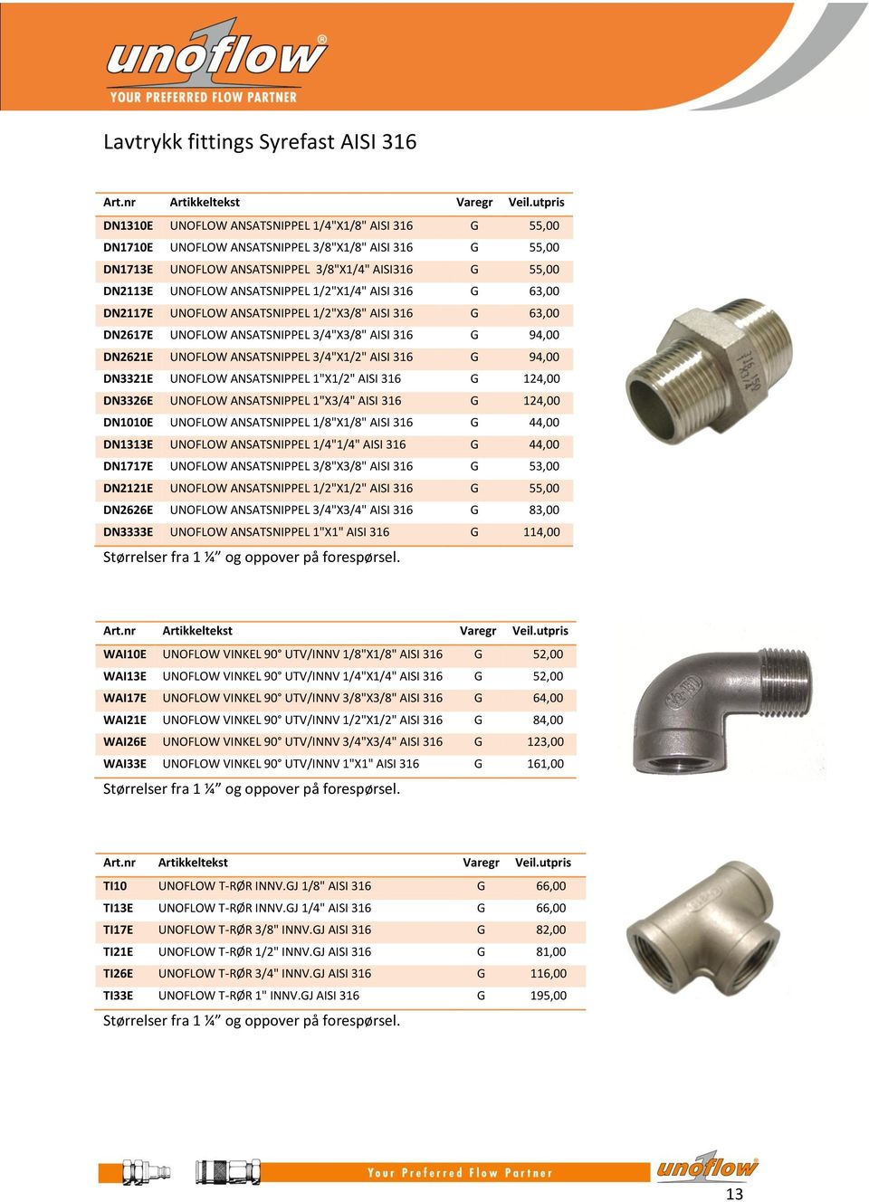 ANSATSNIPPEL 3/4"X1/2" AISI 316 G 94,00 DN3321E UNOFLOW ANSATSNIPPEL 1"X1/2" AISI 316 G 124,00 DN3326E UNOFLOW ANSATSNIPPEL 1"X3/4" AISI 316 G 124,00 DN1010E UNOFLOW ANSATSNIPPEL 1/8"X1/8" AISI 316 G