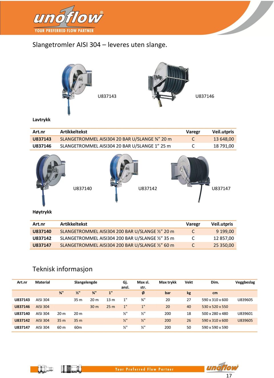 SLANGETROMMEL AISI304 200 BAR U/SLANGE ½ 20 m C 9 199,00 U837142 SLANGETROMMEL AISI304 200 BAR U/SLANGE ½ 35 m C 12 857,00 U837147 SLANGETROMMEL AISI304 200 BAR U/SLANGE ½ 60 m C 25 350,00 Teknisk