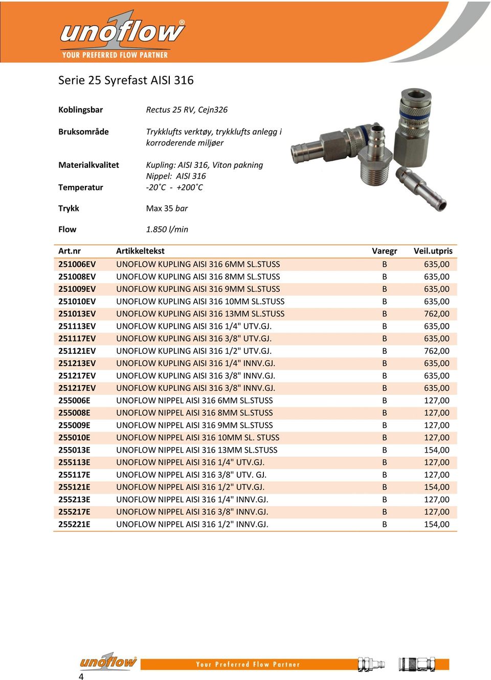 STUSS B 635,00 251009EV UNOFLOW KUPLING AISI 316 9MM SL.STUSS B 635,00 251010EV UNOFLOW KUPLING AISI 316 10MM SL.STUSS B 635,00 251013EV UNOFLOW KUPLING AISI 316 13MM SL.