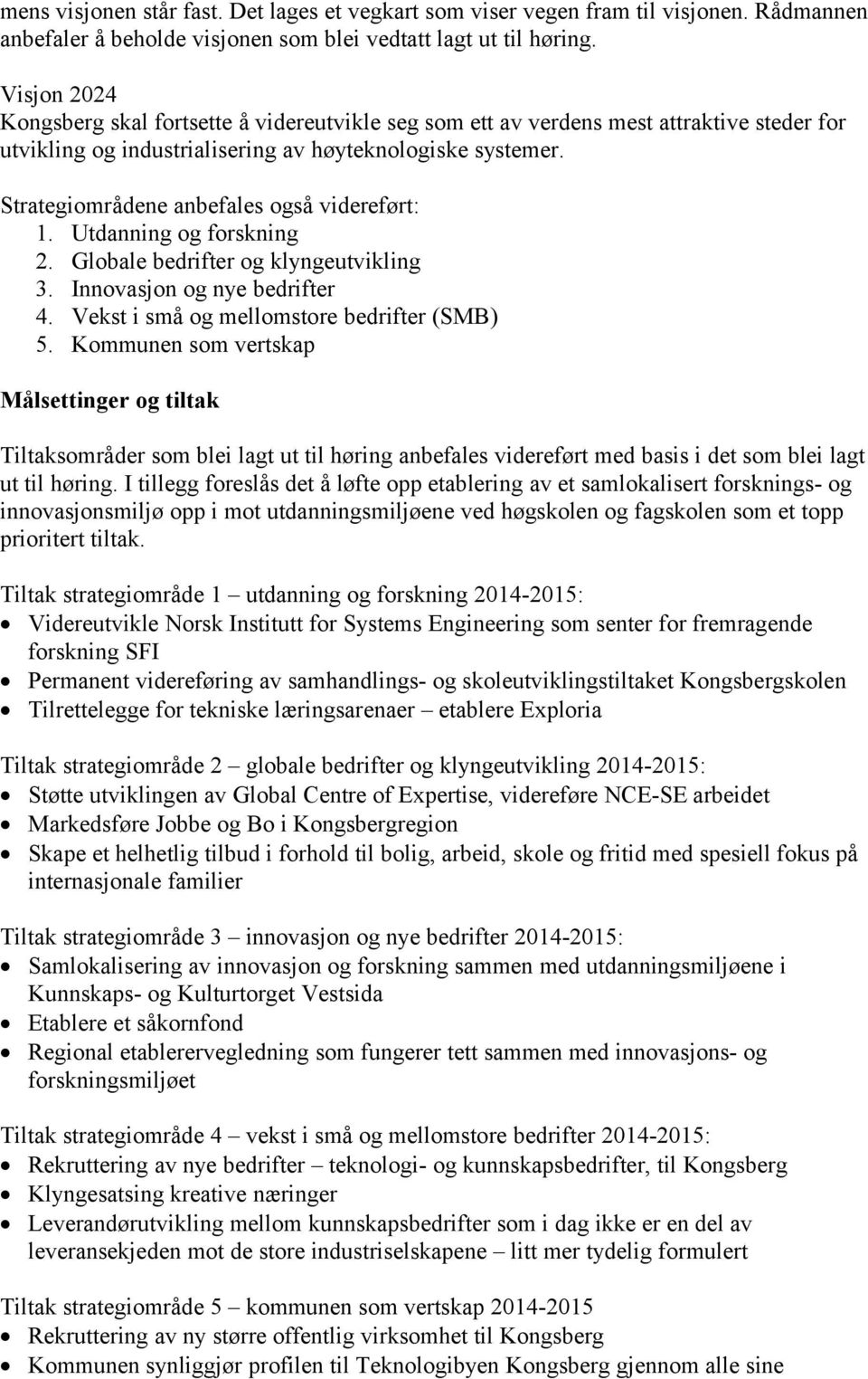 Strategiområdene anbefales også videreført: 1. Utdanning og forskning 2. Globale bedrifter og klyngeutvikling 3. Innovasjon og nye bedrifter 4. Vekst i små og mellomstore bedrifter (SMB) 5.