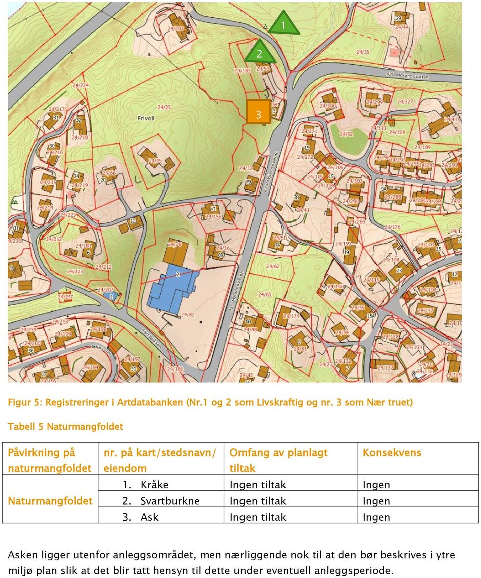 på kart/stedsnavn/ eiendom Omfang av planlagt tiltak Konsekvens 1. Kråke Ingen tiltak Ingen 2.