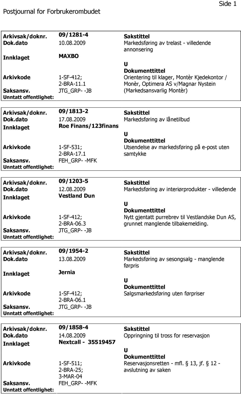 2009 Markedsføring av lånetilbud nnklaget Roe Finans/123finans 1-SF-531; 2-BRA-17.1 tsendelse av markedsføring på e-post uten samtykke FEH_GRP- -MFK Arkivsak/doknr. 09/1203-5 Sakstittel Dok.dato 12.