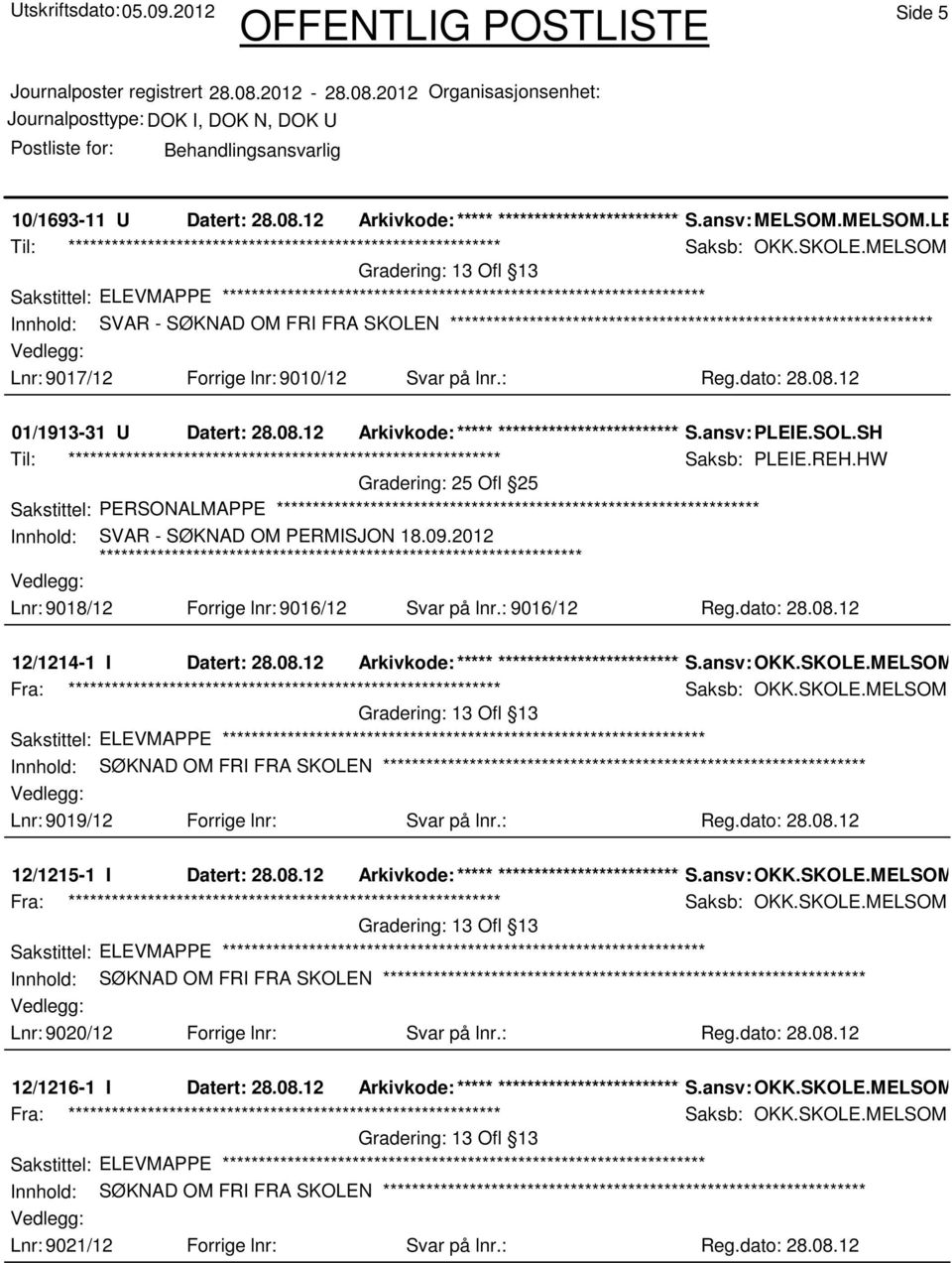 2012 Lnr: 9018/12 Forrige lnr: 9016/12 Svar på lnr.: 9016/12 Reg.dato: 28.08.12 12/1214-1 I Datert: 28.08.12 Arkivkode:***** ****************************** S.ansv: OKK.SKOLE.MELSOM.