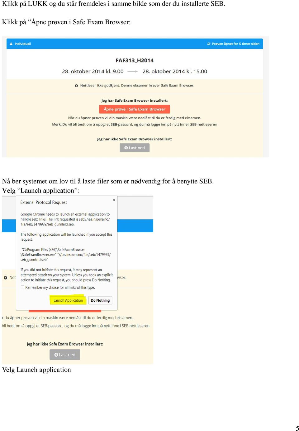 Klikk på Åpne prøven i Safe Exam Browser: Nå ber systemet om