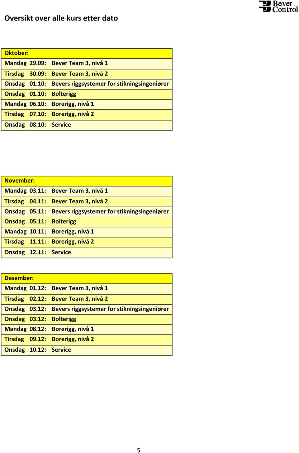 11: Bevers riggsystemer for stikningsingeniører Onsdag 05.11: Bolterigg Mandag 10.11: Borerigg, nivå 1 Tirsdag 11.11: Borerigg, nivå 2 Onsdag 12.11: Service Desember: Mandag 01.